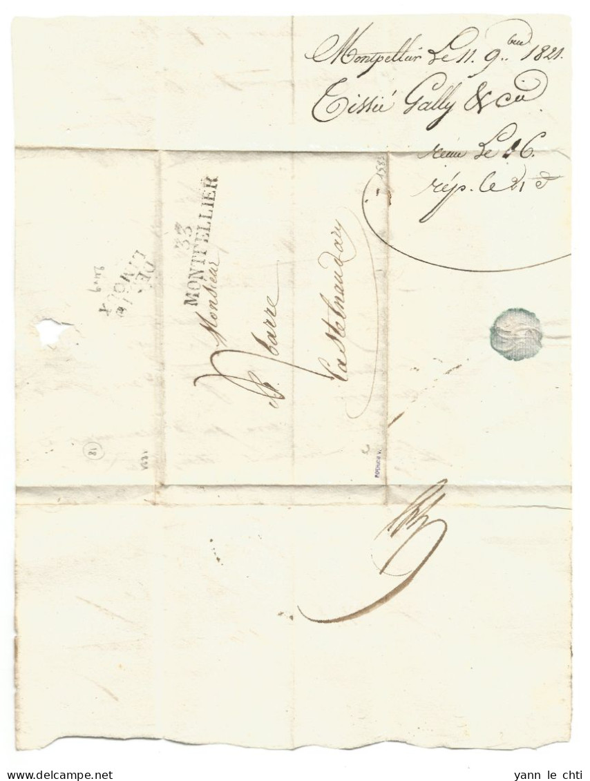 1821 Tissie Gally  33 Montpellier Pour Barre Castelnaudary Marque Postale DEB 10 Limoux Rare - 1701-1800: Precursors XVIII