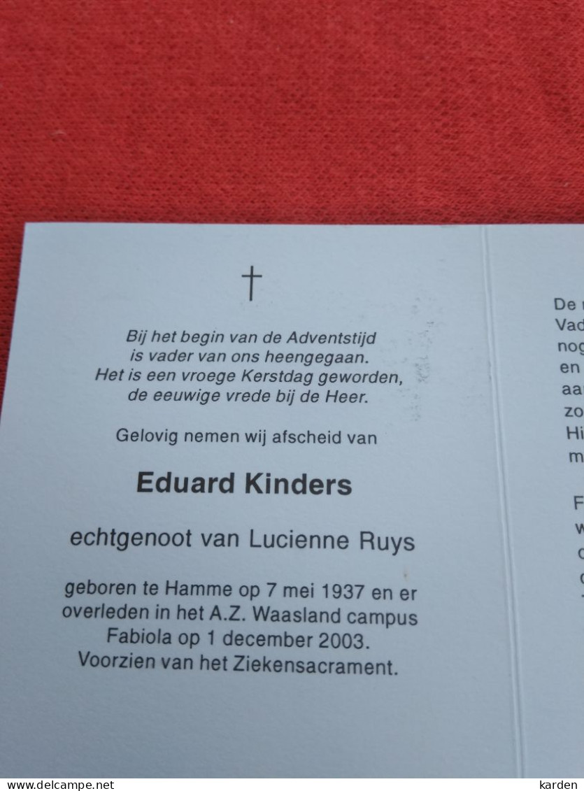 Doodsprentje Eduard Kinders / Hamme 7/5/1937 - 1/12/2003 ( Lucienne Ruys ) - Religion & Esotericism