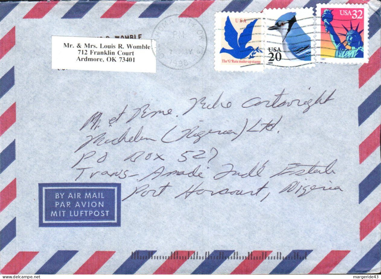 USA ETATS UNIS AFFRANCHISSEMENT COMPOSE SUR LETTRE DE OKLAHOMA CITY POUR LE NIGERIA 1998 - Storia Postale