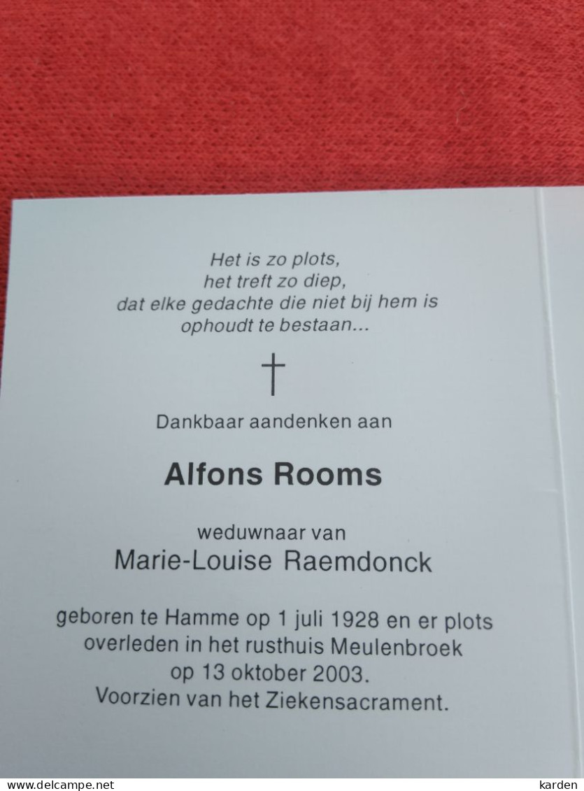 Doodsprentje Alfons Rooms / Hamme 1/7/1928 - 13/10/2003 ( Marie Louise Raemdonck ) - Religión & Esoterismo