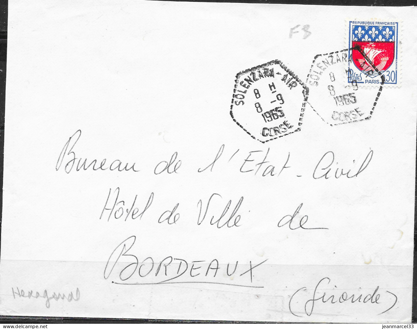 Cachet Manuel NC Type F8 Solenzara-Air 8 -9 I965 Sur Timbre Ordinaire - Poste Aérienne Militaire