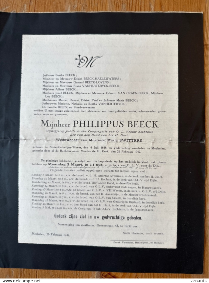 Mijnheer Philippus Beeck Wed Switters Maria *1848 St.-Kathelijne-Waver +1942 Mechelen Haelewaters Loyens Vanherteryck Va - Décès