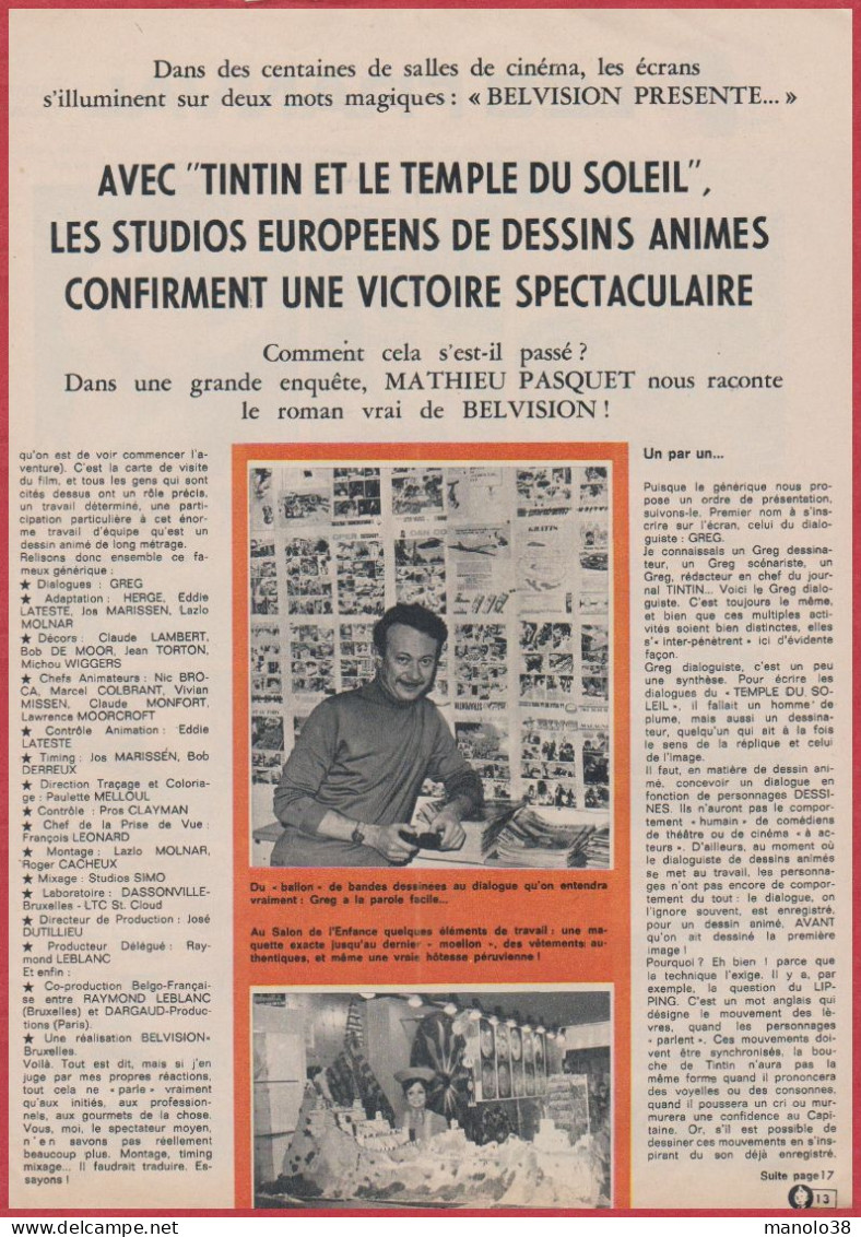 Tintin Et Le Temple Du Soleil. Dessin Animé. Cinéma. Enquête Sur La Partie Son Du Film. 1970. - Historische Dokumente