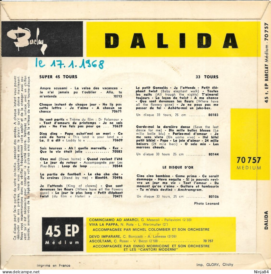 EP 45 RPM (7") Dalida  "  Canta In Italiano  " - Autres - Musique Française