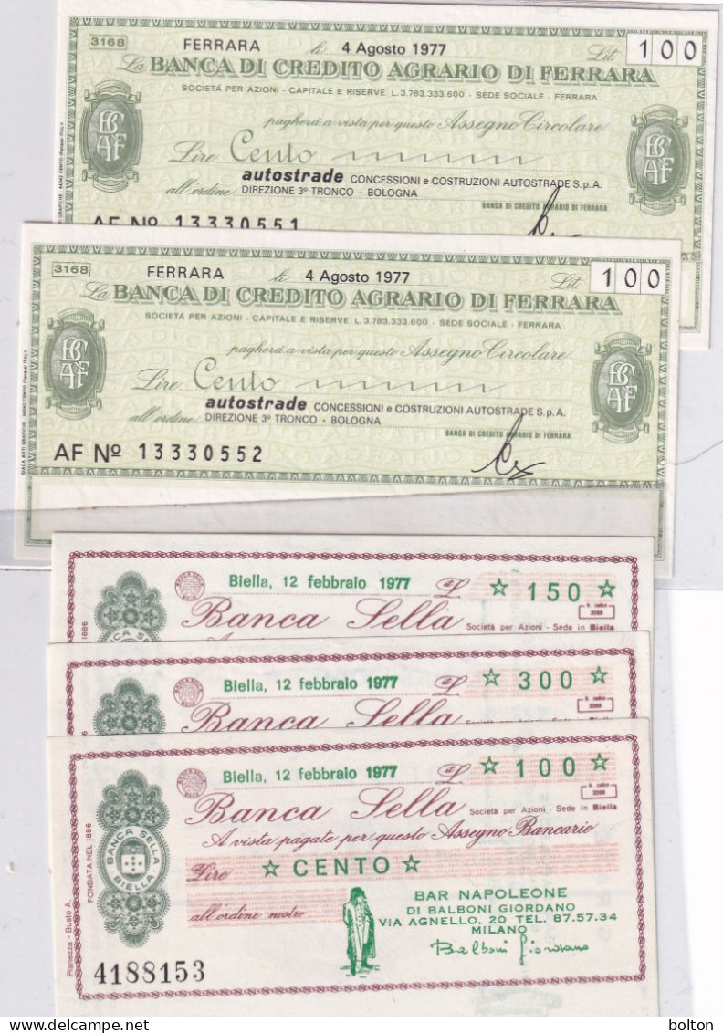 1977 N 5 Mini Assegni Banca Sella  Banca Di Credito Agrario Di Ferrara - Autres & Non Classés