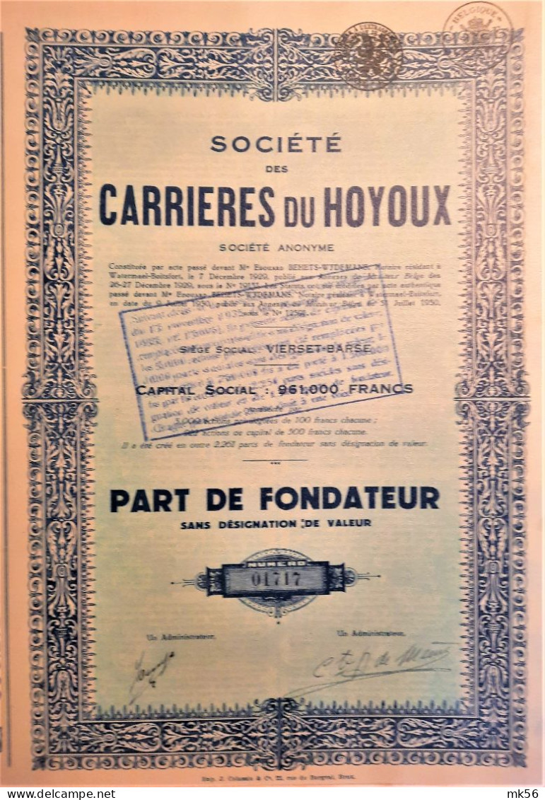 S.A. Société Des Carrières Du Hoyoux - Part De Fondateur - Mijnen