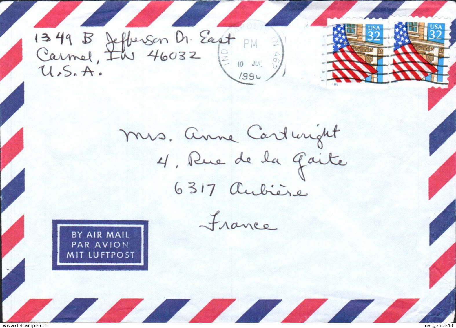 USA ETATS UNIS AFFRANCHISSEMENT COMPOSE SUR LETTRE DE INDIANAPOLIS POUR LA FRANCE 1996 - Cartas & Documentos