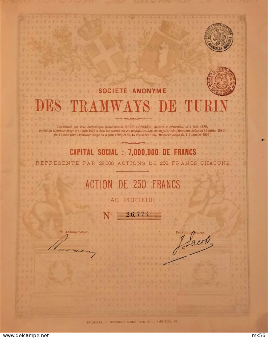 S.A. Des Tramways De Turin - Action De 250 Fr. - Railway & Tramway