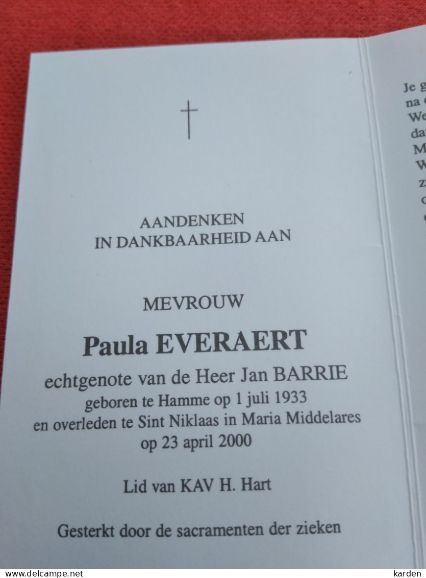 Doodsprentje Paula Everaert / Hamme 1/7/1933 Sint Niklaas 23/4/2000 ( Jan Barrie ) - Religion &  Esoterik