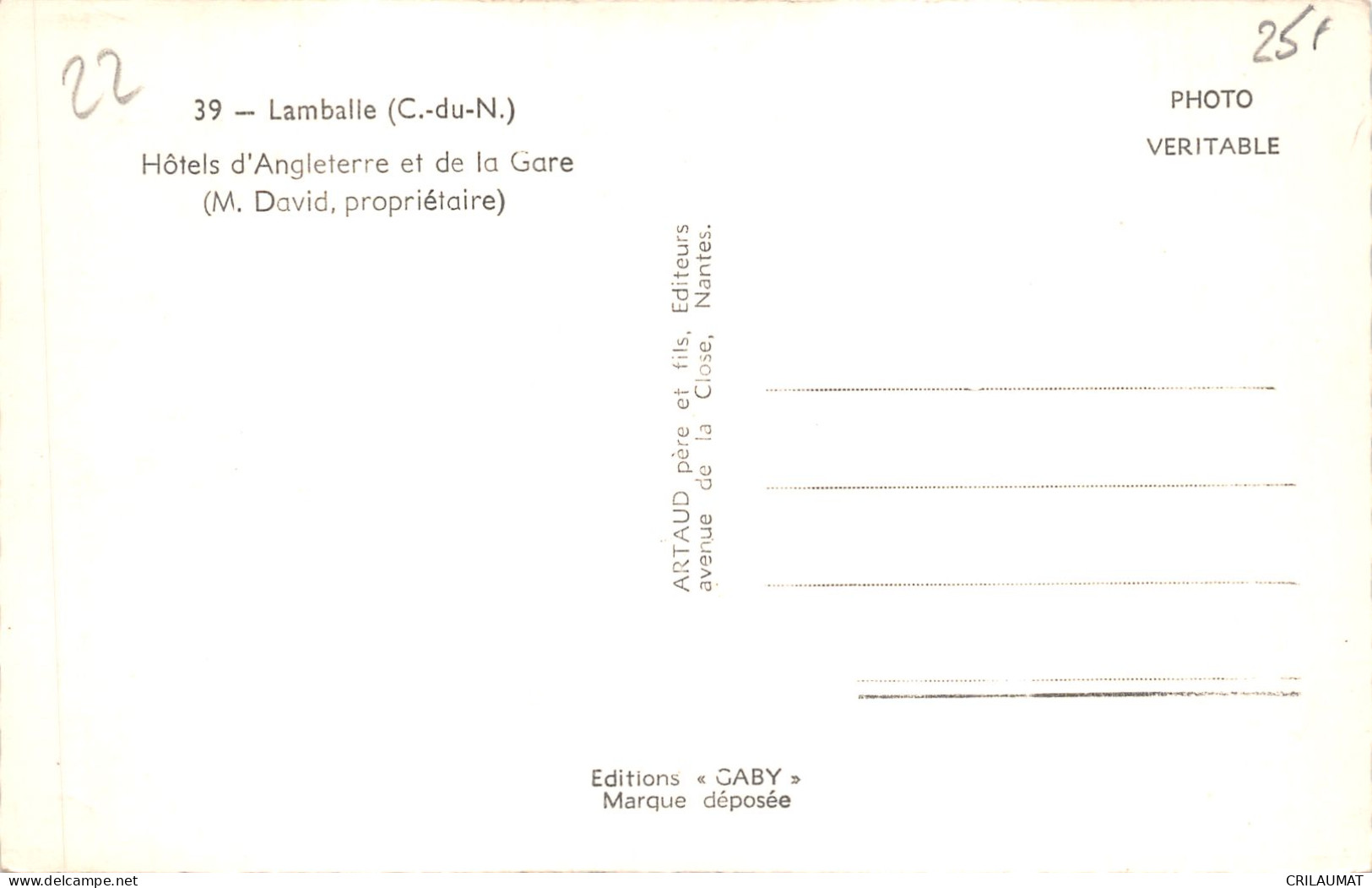22-LAMBALLE-HOTELS D ANGLETERRE ET DE LA GARE-N°6028-A/0335 - Lamballe