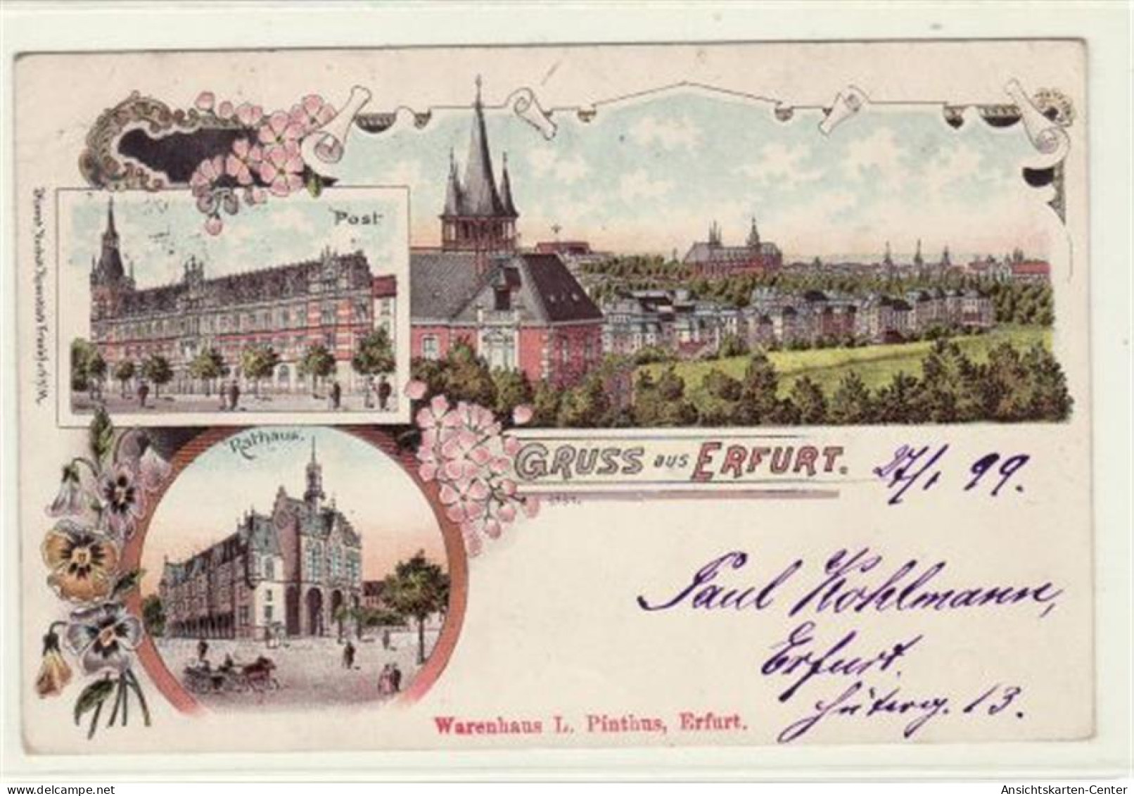 39016004 - Lithographie Gruss Aus Erfurt Mit Post, Rathaus Und Gesamtansicht Gelaufen 1899. Leicht Fleckig, Sonst Gut E - Erfurt