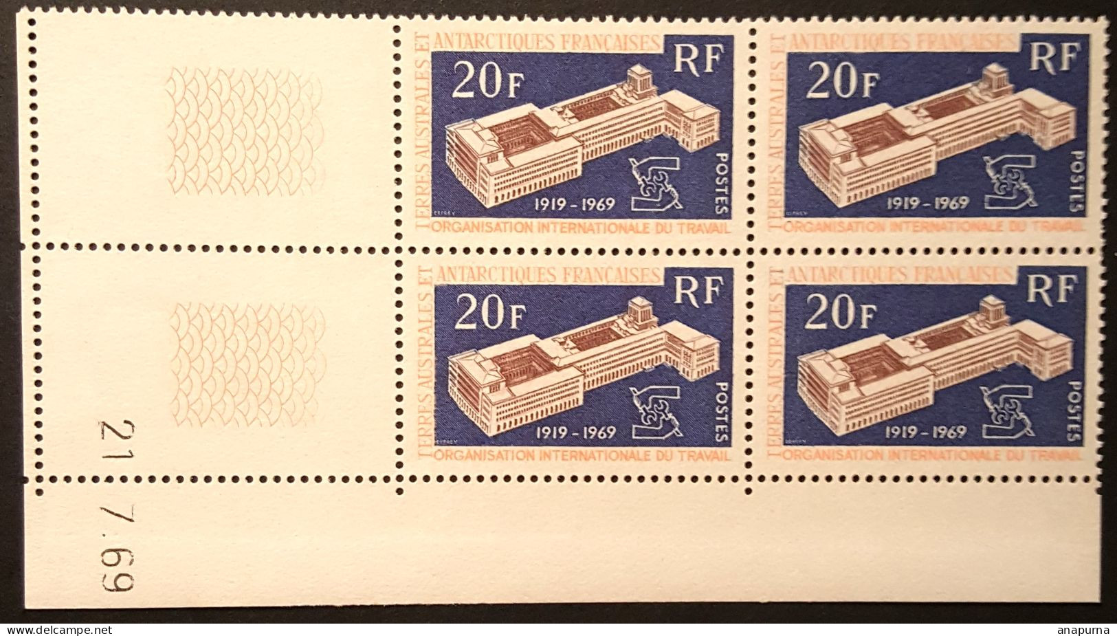 Timbre TAAF BLOC DE 4 Coin Daté, N°32, Sans Charnière, 50ème Anniversaire De L'Organisation Internationale Du Travail - Unused Stamps