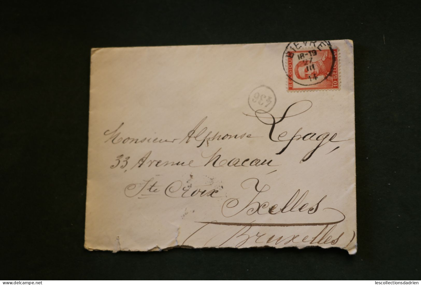 Entier enveloppe 10 centimes  Pellens obl. sc BIEVRE vers IXELLES 1914 COB 118