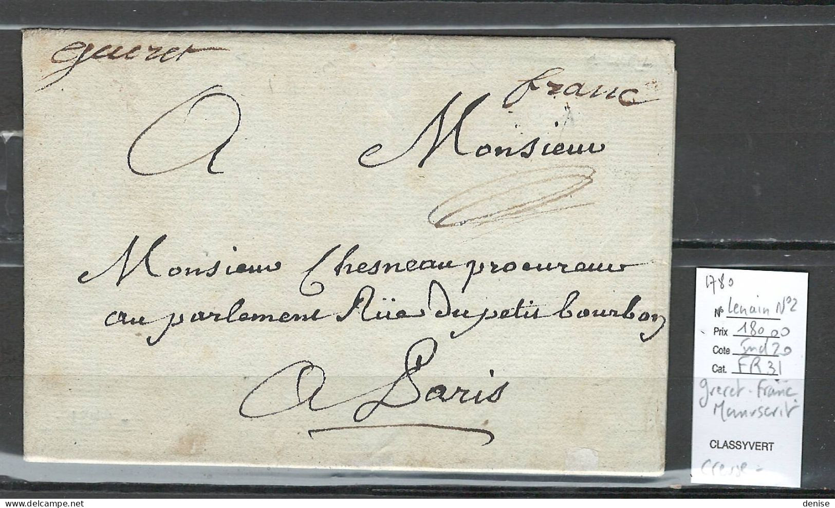 France - Lettre - MP Manuscrite - GUERET FRANC - 1780 - Creuse - 1701-1800: Précurseurs XVIII