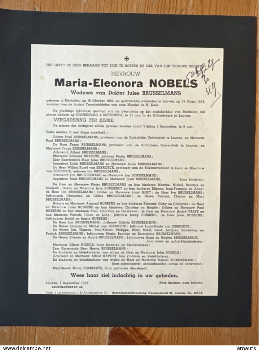 Maria-Eleonora Nobels & Dokt Brusselmans *1866 Mechelen +1952 Leuven Rubbens Van Esbroeck Buisseret Nobels Raport Talpe - Esquela