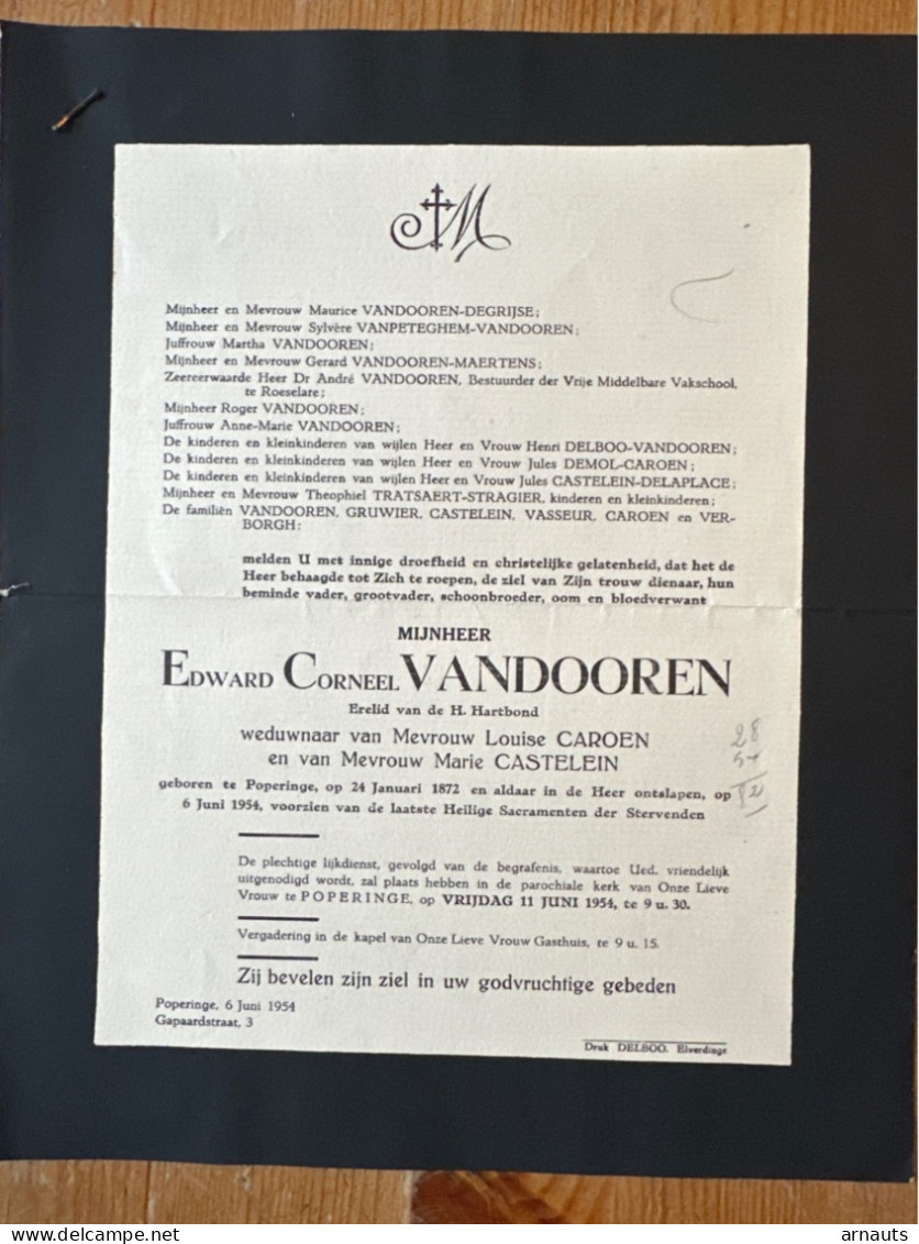 Edward-Corneel Vandooren Wed Caroen Louise & Castelein *1872 Poperinge +1954 Poperinge Degrijse Vanpeteghem Maertens - Décès