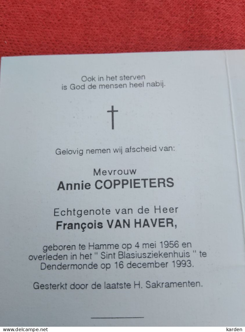 Doodsprentje Annie Coppieters / Hamme 4/5/1956 Dendermonde 16/12/1993 ( François Van Haver ) - Religion & Esotérisme