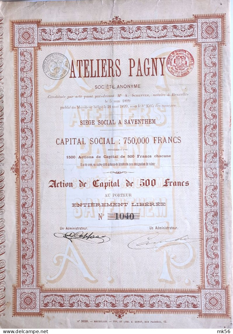 Ateliers Pagny - Saventhem - Action De Capital De 500 Francs - 1899 - Industry