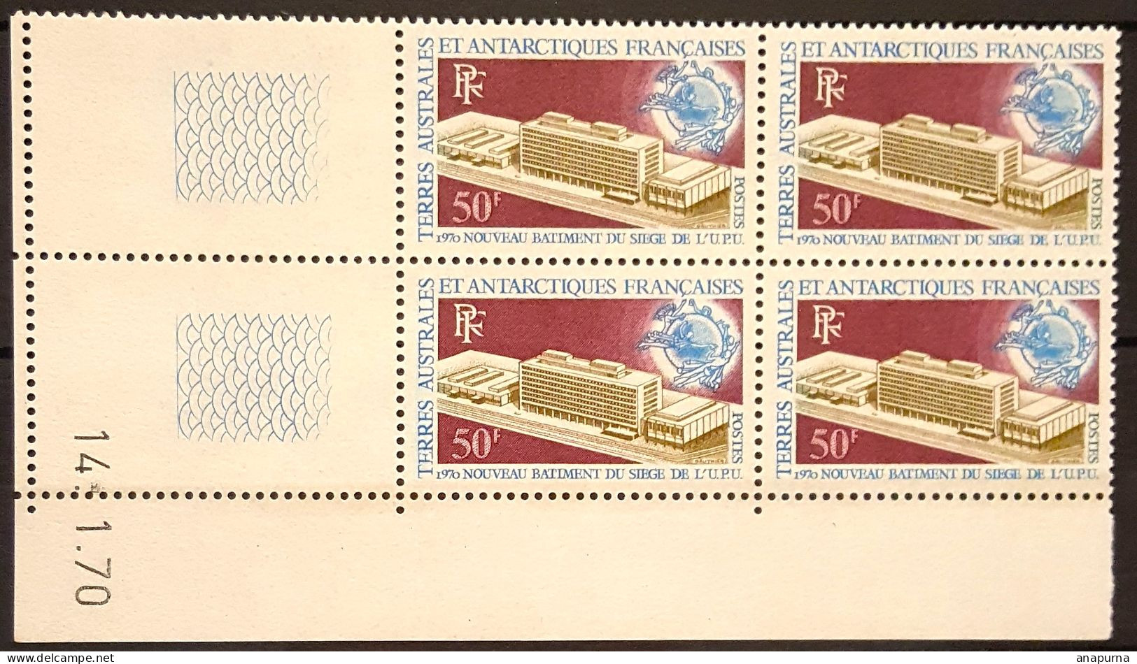 Timbre TAAF BLOC DE 4 Coin Daté, N°33, Sans Charnière, Nouveau Bâtiment De L'U.P.U. , à Berne. - Unused Stamps