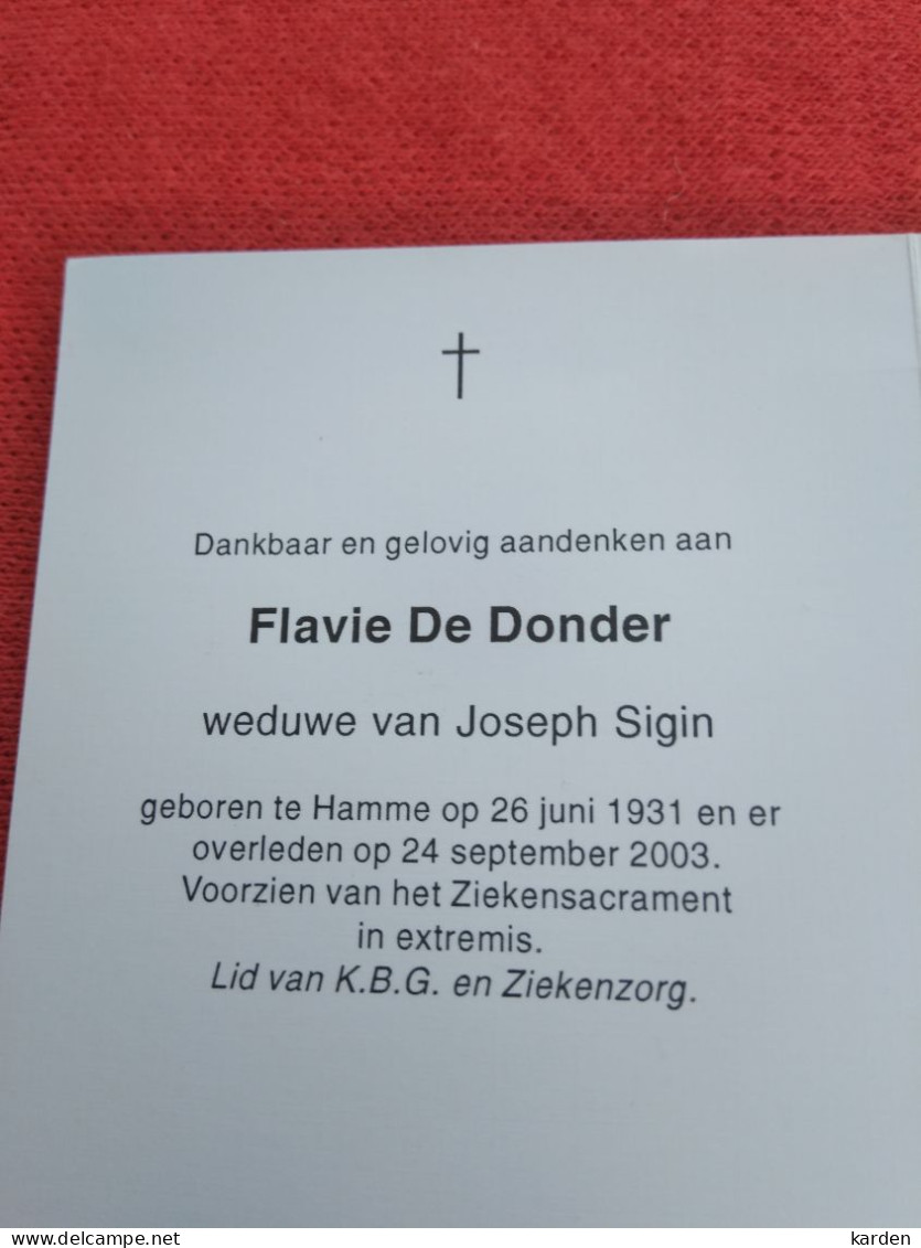 Doodsprentje Flavie De Donder / Hamme 26/6/1931 - 24/9/2003 ( Joseph Sigin ) - Godsdienst & Esoterisme