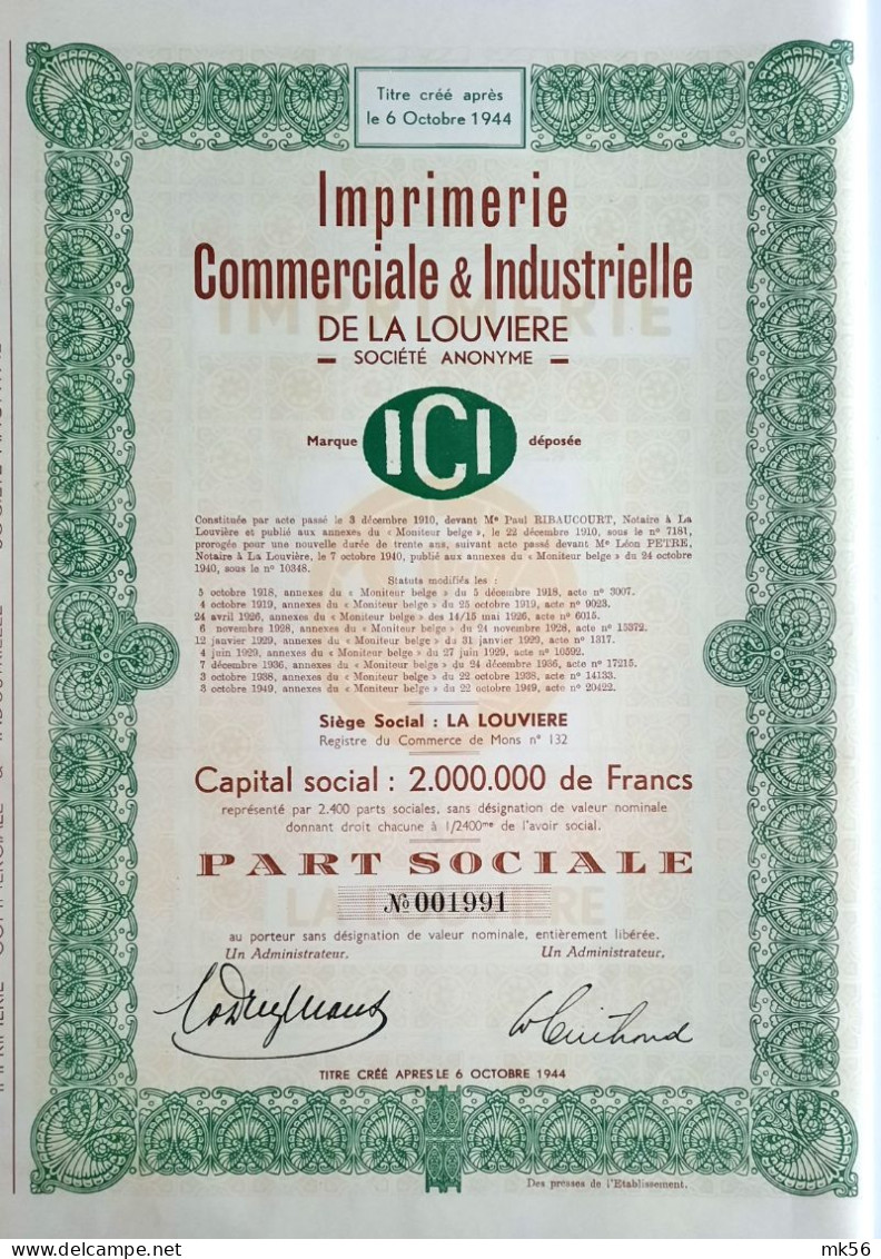 Imprimerie Commerciale & Industrielle De La Louvière - 1949 - Part Sociale - Sonstige & Ohne Zuordnung