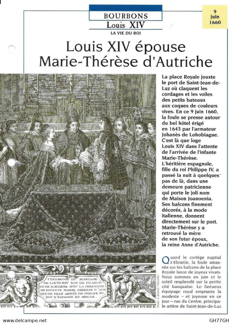 FICHE ATLAS: LOUIS XIV EPOUSE MARIE-THERESE D'AUTRICHE -BOURBONS - Geschiedenis