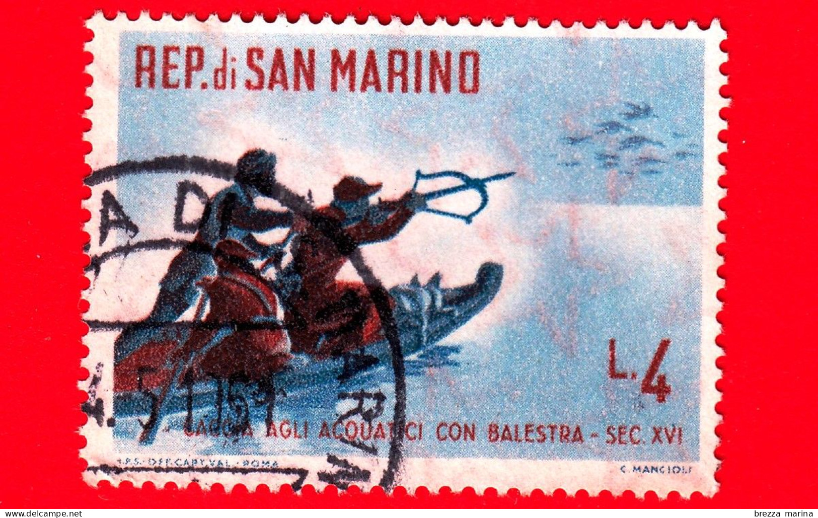 SAN MARINO - Usato - 1961 - Caccia Antica - Caccia Agli Acquatici Con Balestra - 4 L. - Usados