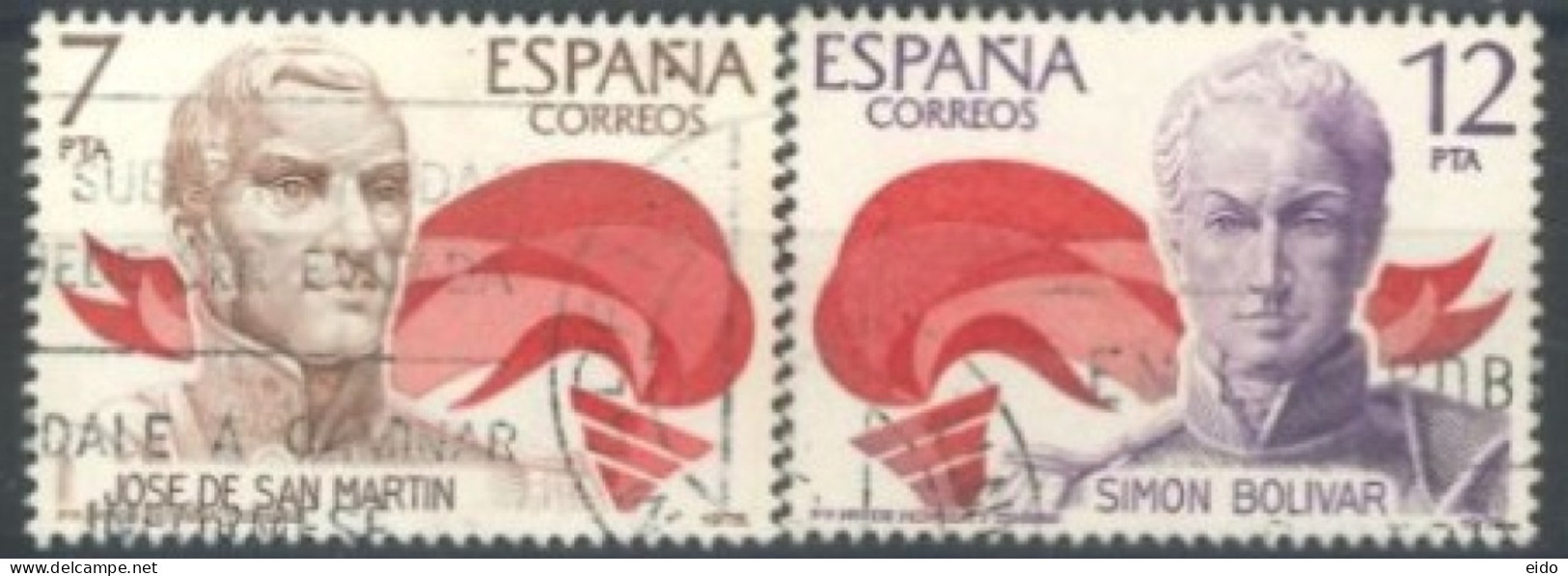 SPAIN, 1978, JOSE DE SAN MARTIN & SIMON BOLIVAR STAMPS COMPLETE SET OF 2, # 2116/17, USED. - Oblitérés