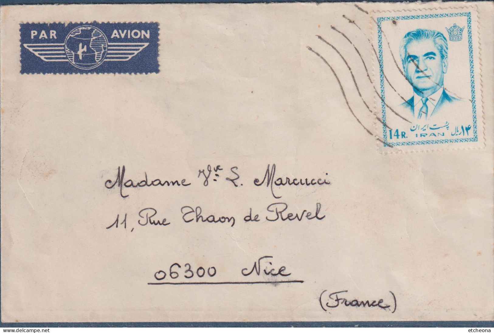 Enveloppe 1 Timbre Iran Oblitéré, Avec étiquette Par Avion, Vers La France Nice - Irán