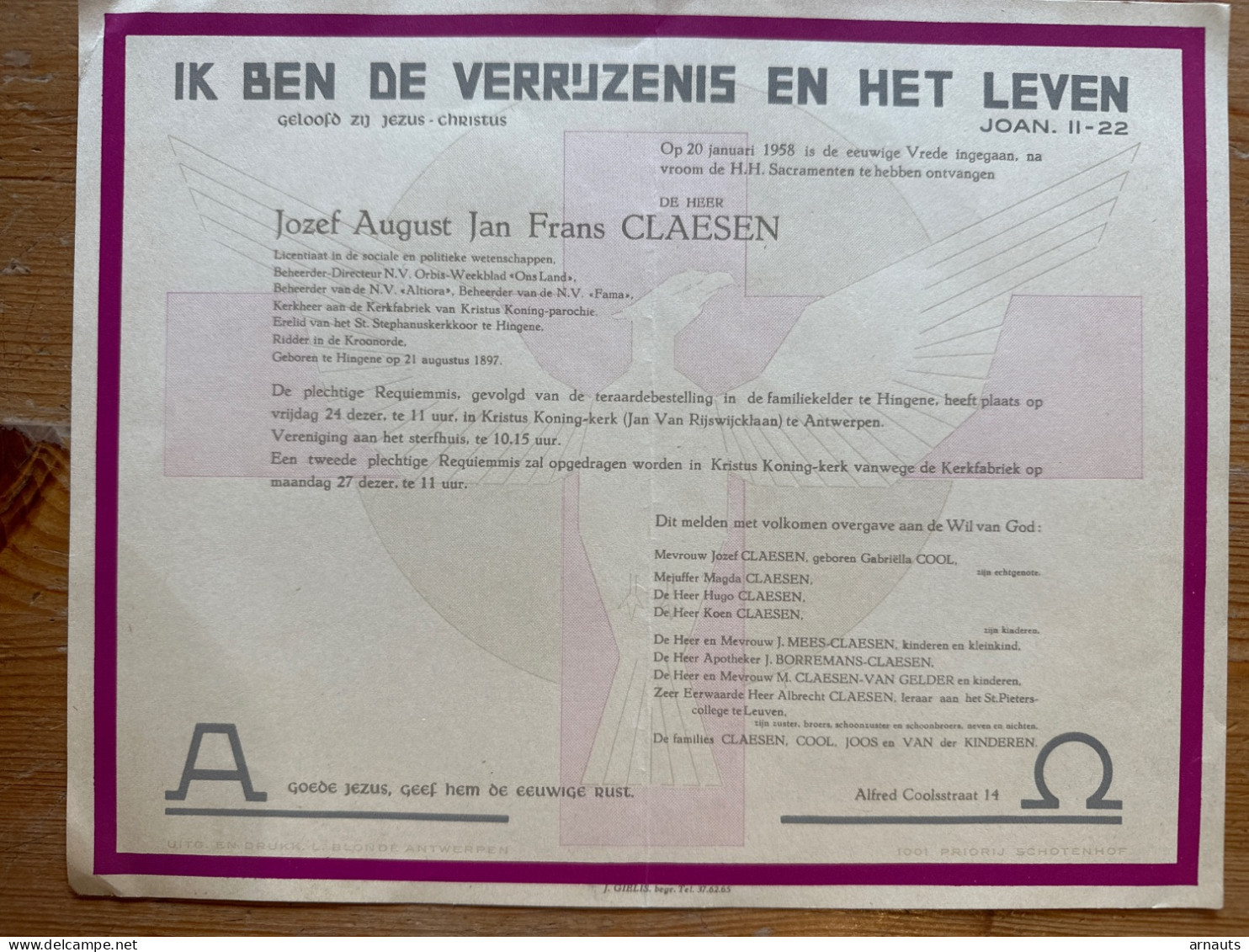 Heer Jozef Claesen *1897 Hingene +1958 Antwerpen Echtg Cool Mees Borremans NV Orbis Ons Land NV Altiora NV Fama Van Der - Esquela