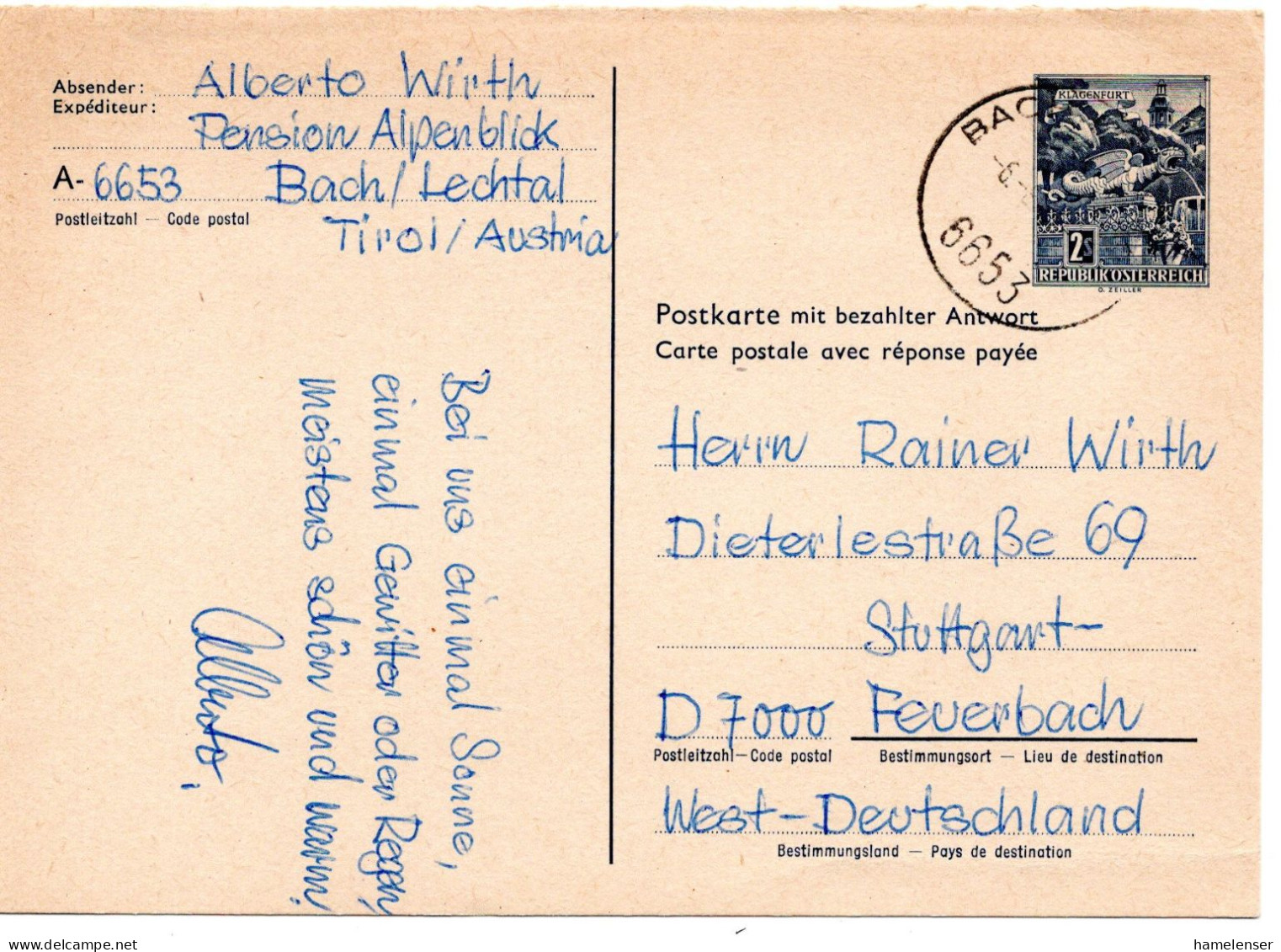 63880 - Österreich - 1969 - S2 GAAntwKte (Frageteil) BACH -> Westdeutschland - Lettres & Documents