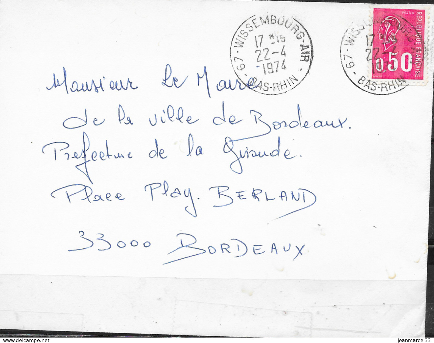 Cachet Manuel 67-Wissembourg-Air 22 -4 I974 Sur Timbre Ordinaire - Poste Aérienne Militaire