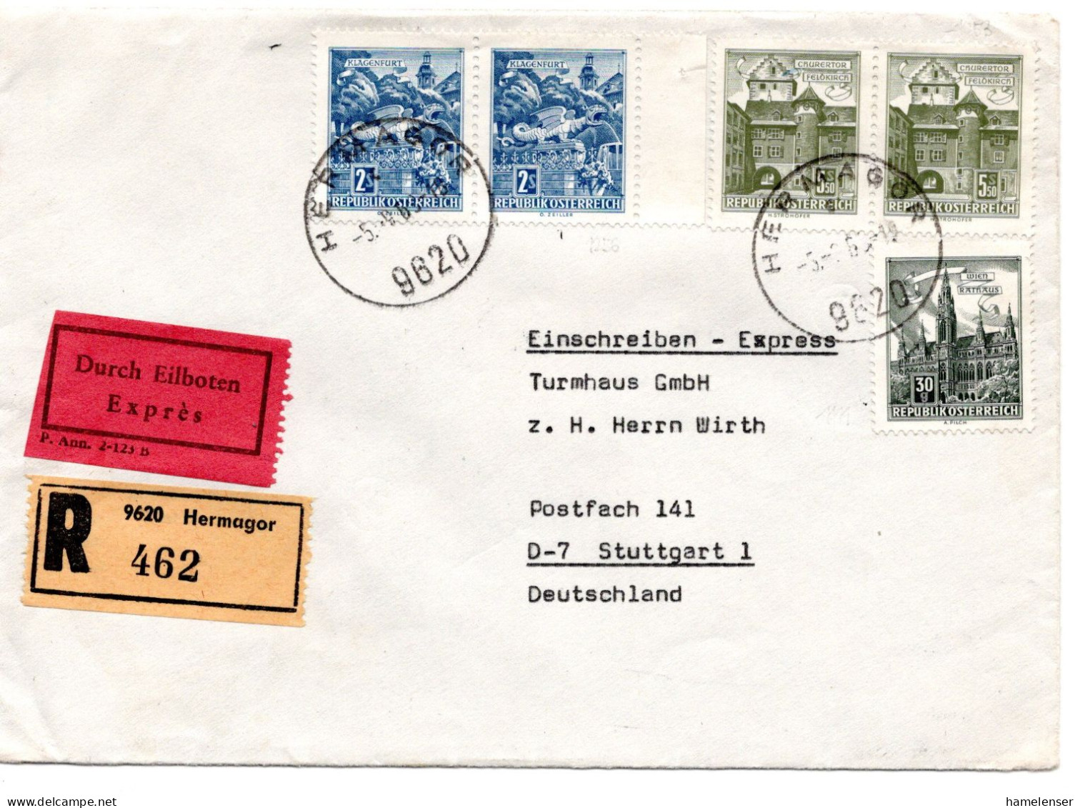 63881 - Österreich - 1969 - 2@S5,50 Bauten MiF A R-EilBf HERMAGOR -> STUTTGART (Westdeutschland) - Lettres & Documents