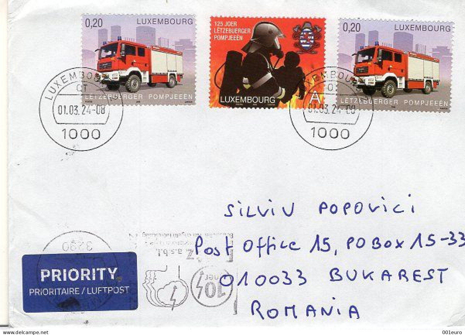 LUXEMBOURG:  FIREFIGHTING, Cover Circulated To Romania - Registered Shipping! - 1993-.. Giovanni