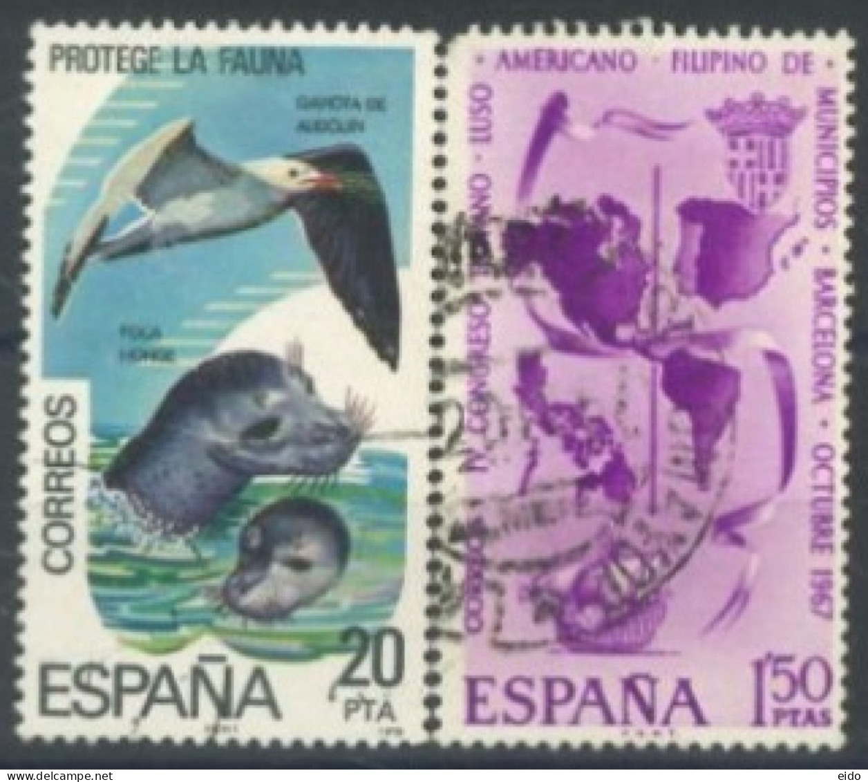 SPAIN, 1967/1978, GALLEON MAP OF AMERICAS SPAIN & PHILIPPINES & SEA GULLS STAMPS SET OF 2, # 1487,& 2100, USED. - Gebraucht