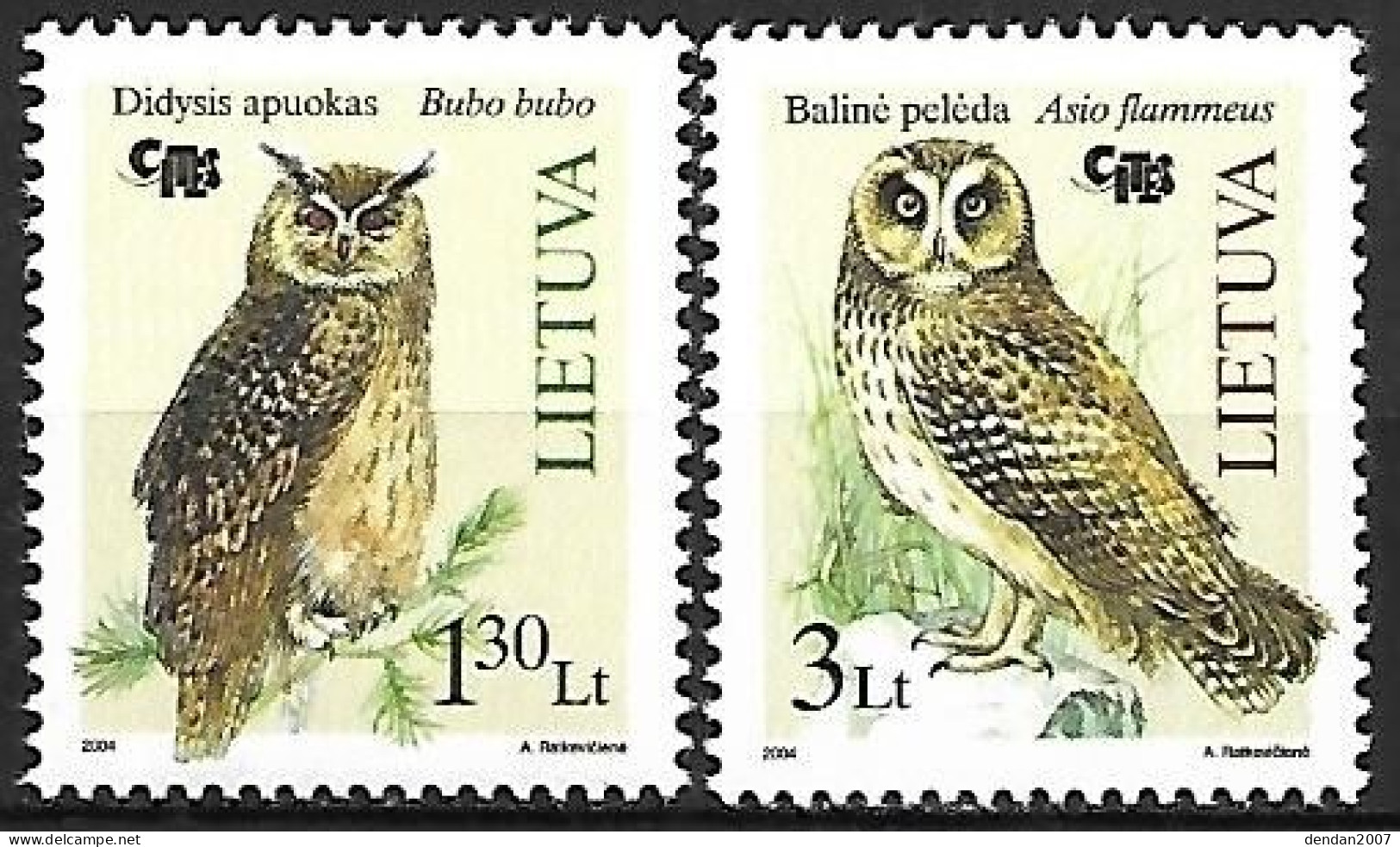 Lithuania (Lietuva) - MNH ** 2004 Complete Set 2/2 :  Eurasian Eagle-Owl  -  Bubo Bubo + Short-eared Owl - Asio Flammeus - Gufi E Civette