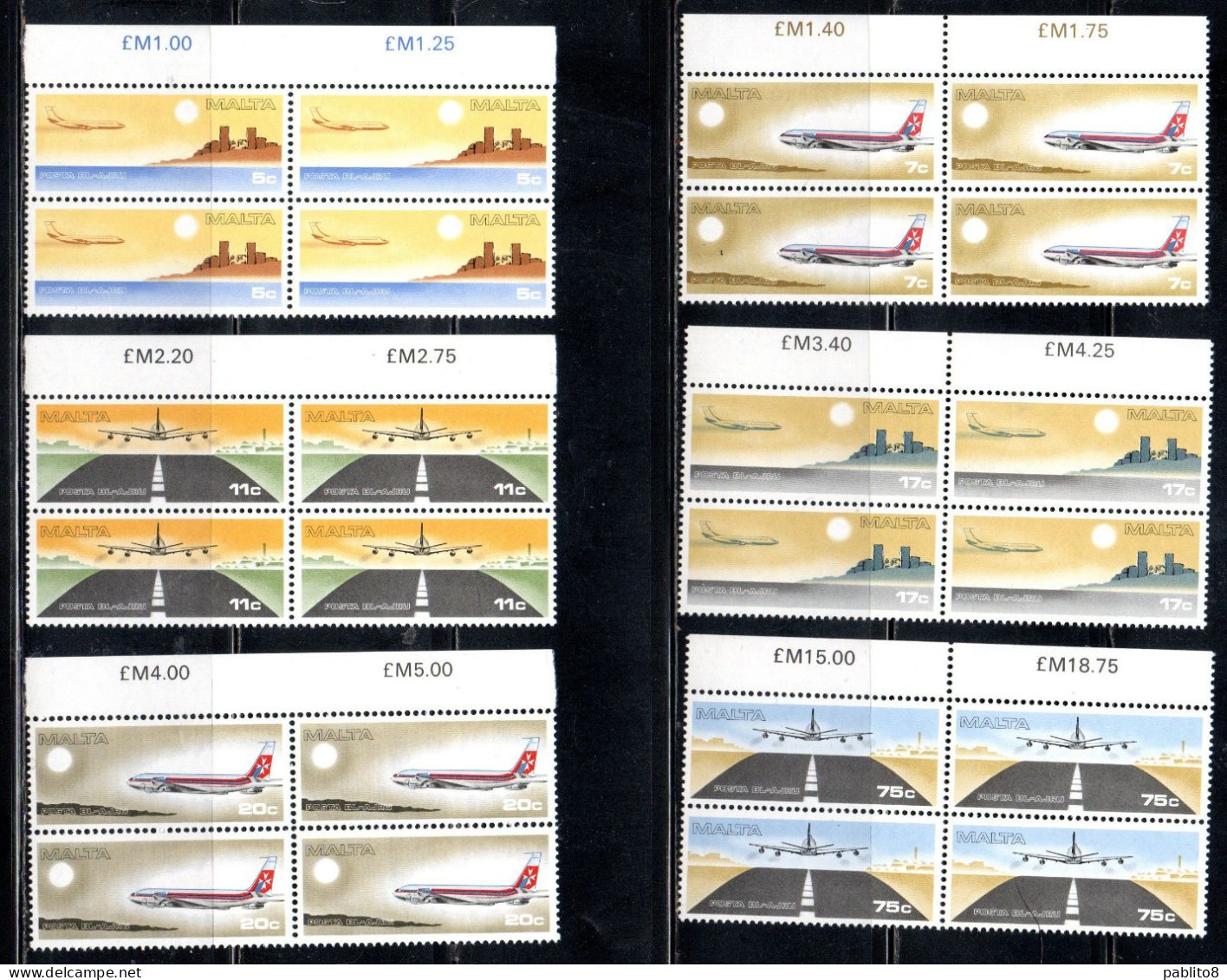 MALTA1978AIR MAIL POSTA AEREA AIRMAIL AIRMALTA LINES JET AND JUMBO COMPAGNIA AEREA COMPLETE SET SERIE BLOCK QUARTINA MNH - Malte