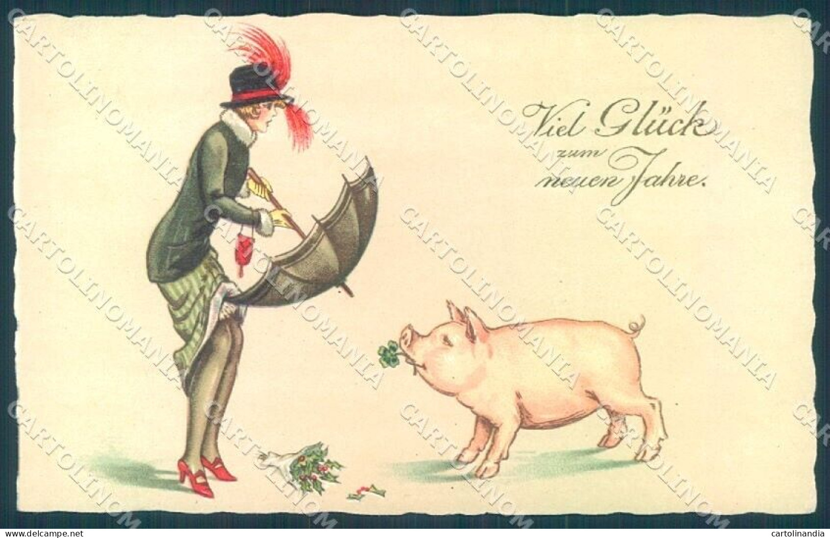 New Year Pig Fashion Lady Four Leaf Clover Amag Serie 2180 Postcard TW1407 - Andere & Zonder Classificatie