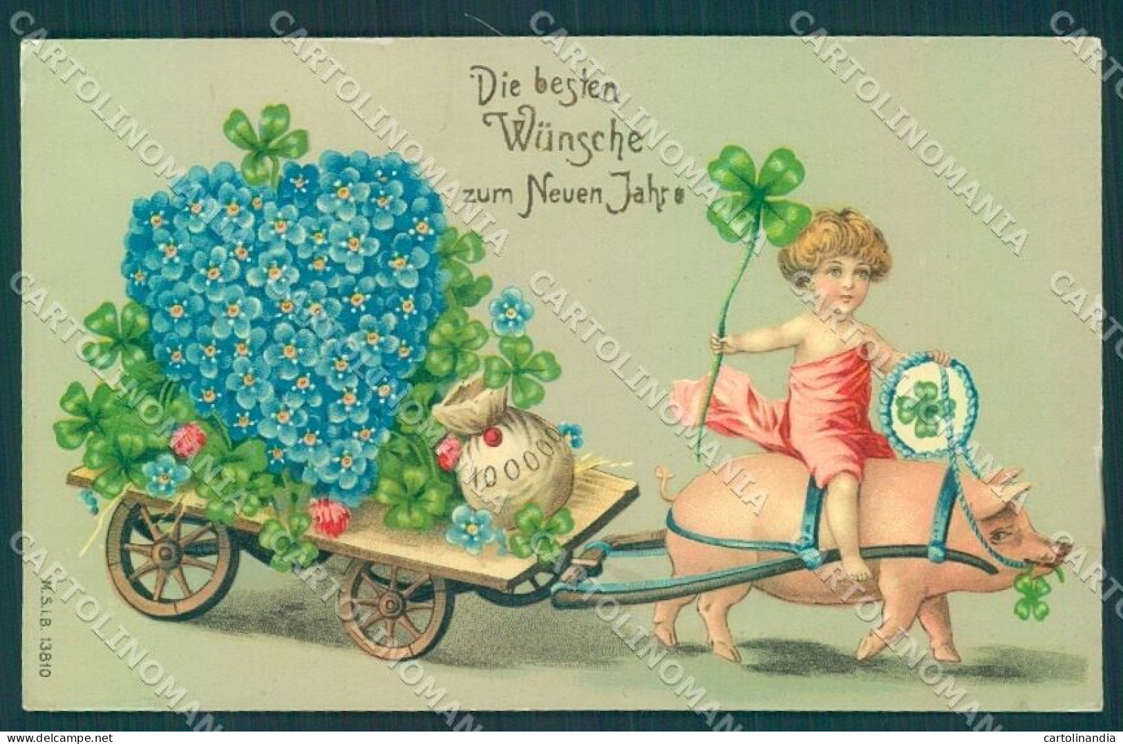 Greetings New Year Pig Child Four Leaf Clover Money MSiB 13810 Postcard TW2040 - Other & Unclassified