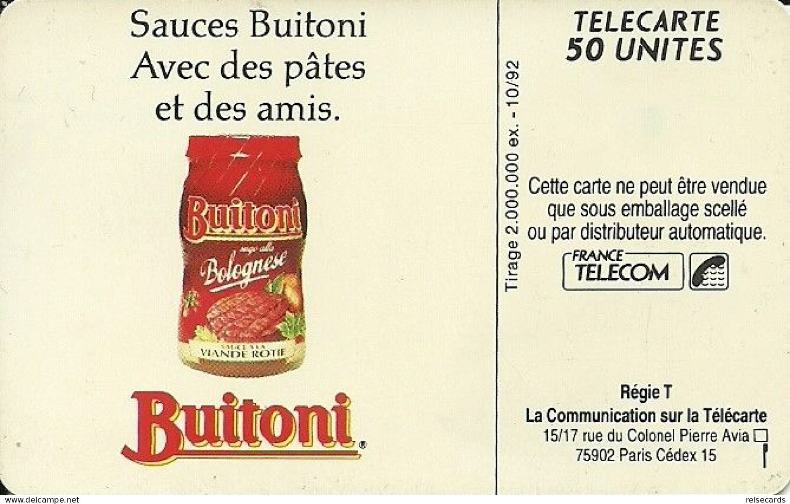 France: France Telecom 10/92 F296A Buitoni. Sans Numérotation - 1992