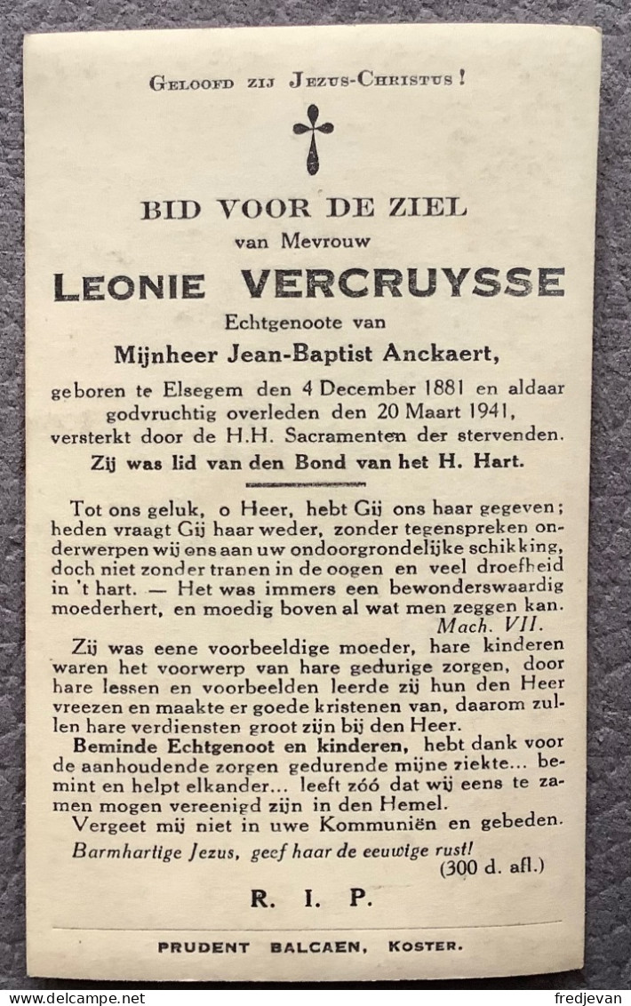 Leonie Vercruysse, Geboren Te Elsegem 1881 / 1941 - Devotion Images