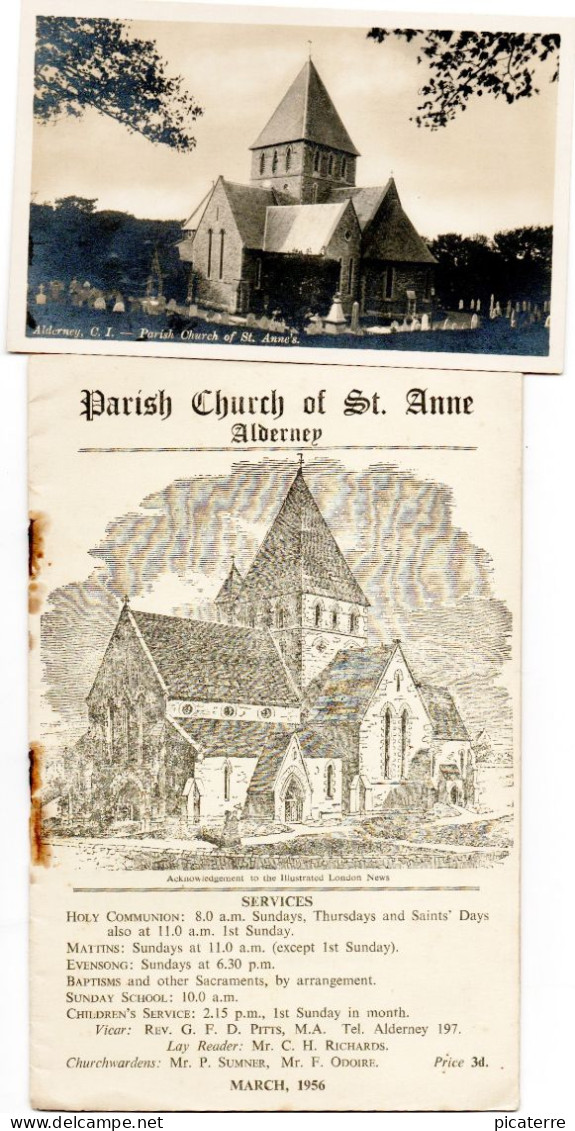 ALDERNEY, Channel Islands- St.Anne's Church- Pre-war Postcard-+ A Later 1956 16 Page Parish Church  Booklet - Alderney