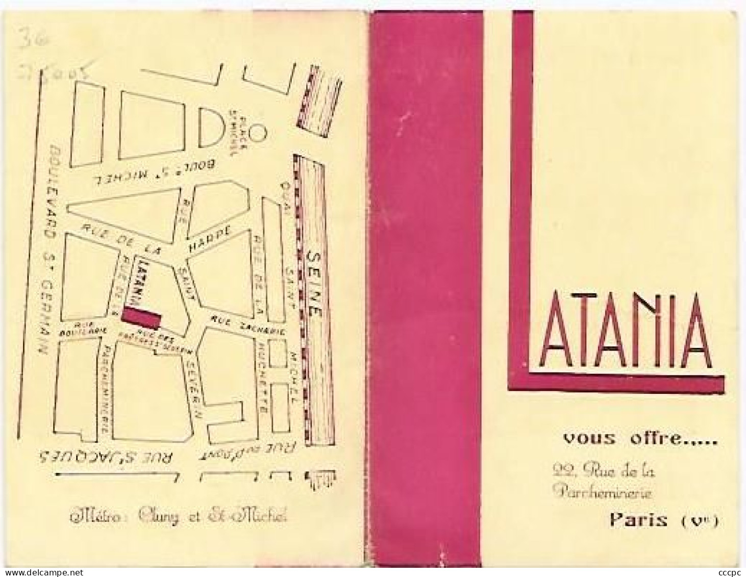 Publicité Paris Atania Rue De La Parcheminerie Studios Discrets De Luxe "Fresques D'Art" "Miroirs" - Arrondissement: 05
