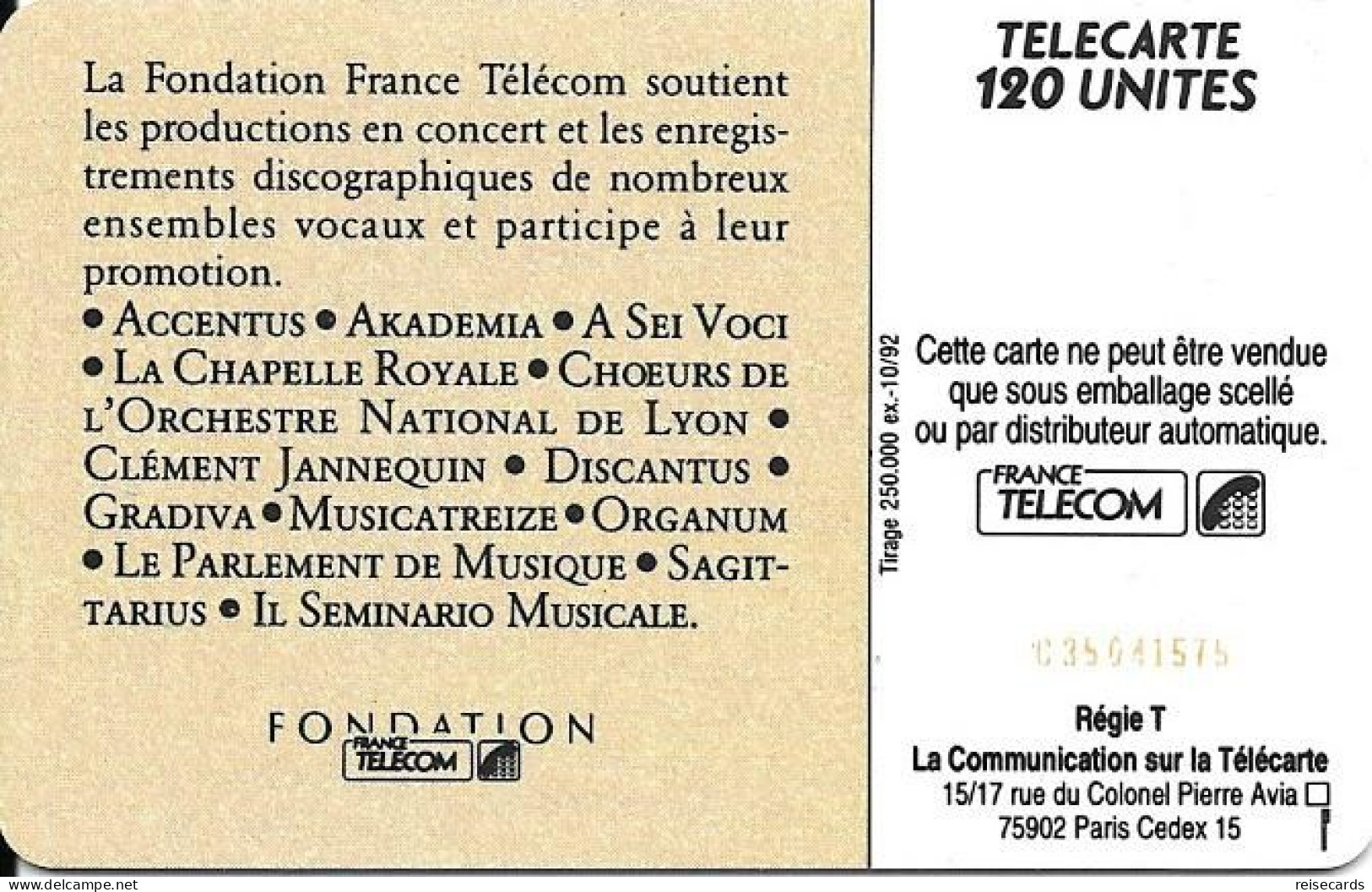 France: France Telecom 10/92 F292Aa Musique Vocale - 1992