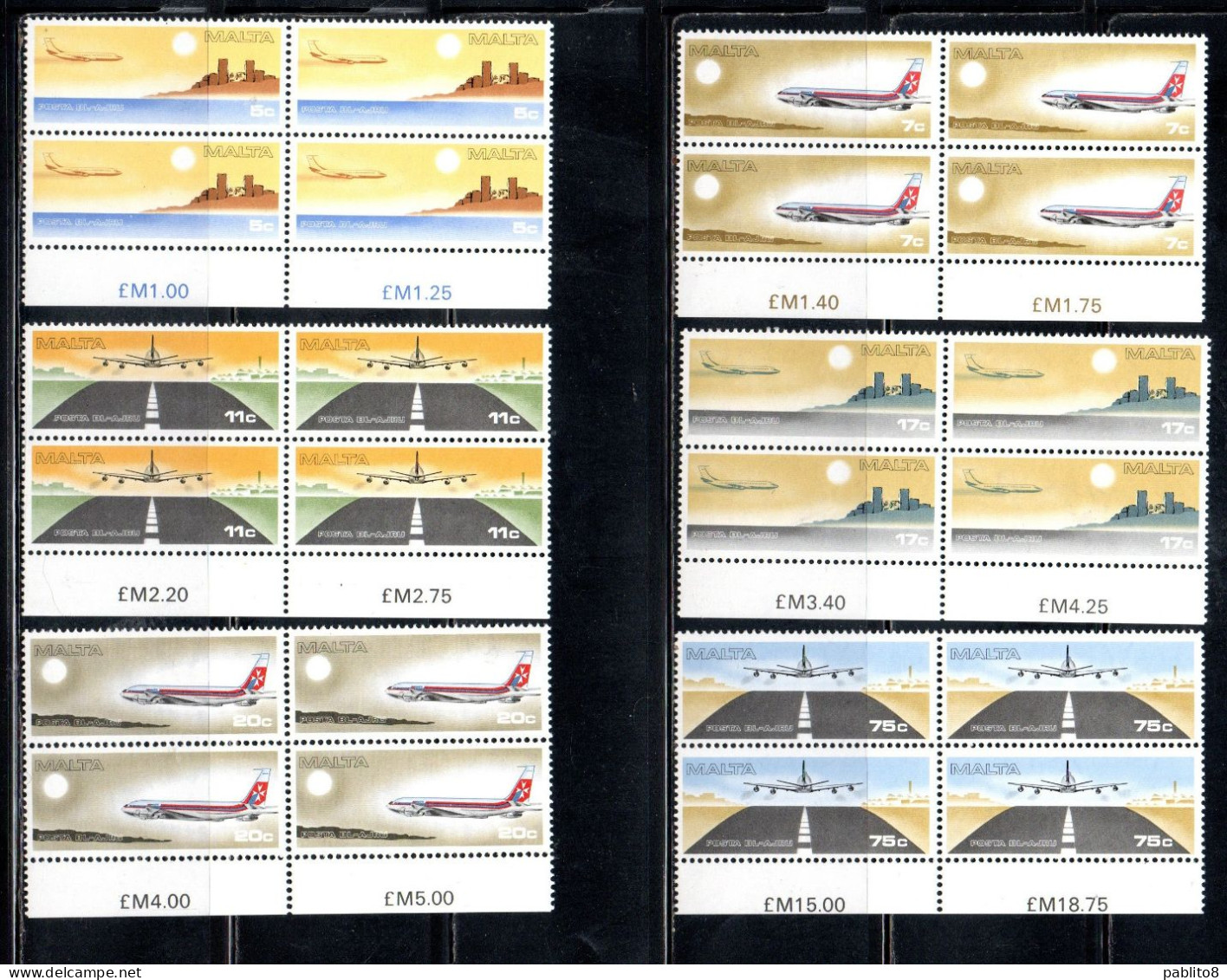 MALTA1978AIR MAIL POSTA AEREA AIRMAIL AIRMALTA LINES JET AND JUMBO COMPAGNIA AEREA COMPLETE SET SERIE BLOCK QUARTINA MNH - Malta