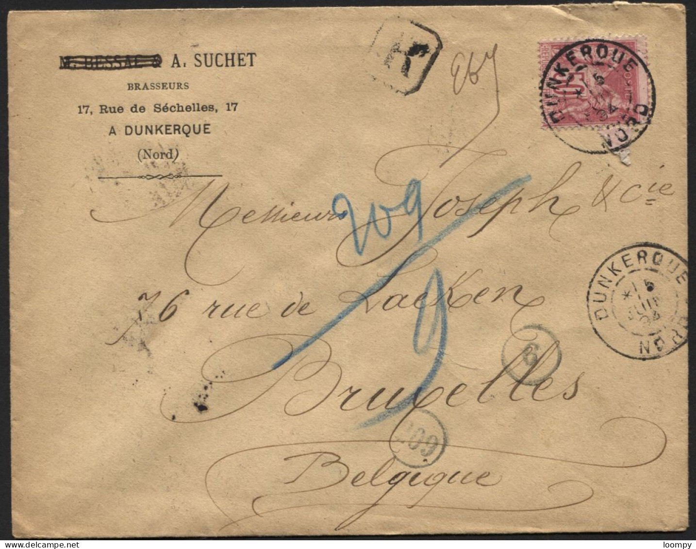 BRASSERIE Sage 50c Yv 98 à Sur Lettre Recom. De DUNKERQUE Vers La Belgique 1894. BRASSEUR Suchet  BIERE - 1876-1898 Sage (Tipo II)