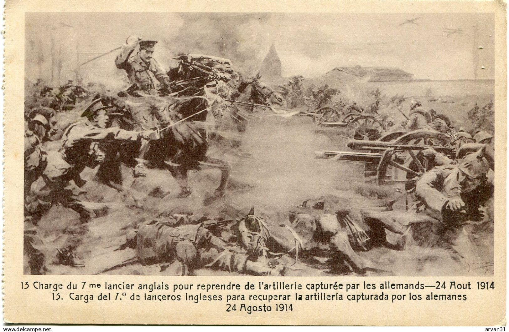 CARTE ILLUSTREE - CHARGE Du 7 ème LANCIER ANGLAIS  Pour REPRENDRE De L' ARTILLERIE - 24 AOÛT 1914 - - Weltkrieg 1914-18