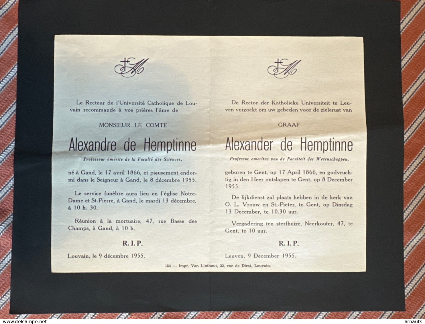 Rector Van Kath. Univ Leuven Verzoekt U Gebed Graaf Alexander De Hemptinne Professor  *1866 Gent +1955 Gent Neerkouter - Obituary Notices