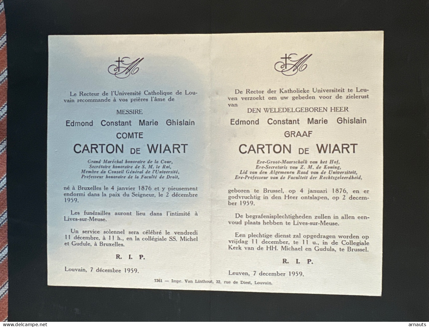 Rector Van Kath. Univ Leuven Verzoekt U Gebed Messire  Carton De Wiart Prof *1876 Brussel +1959 Brussel Lives-sur-Meuse - Obituary Notices