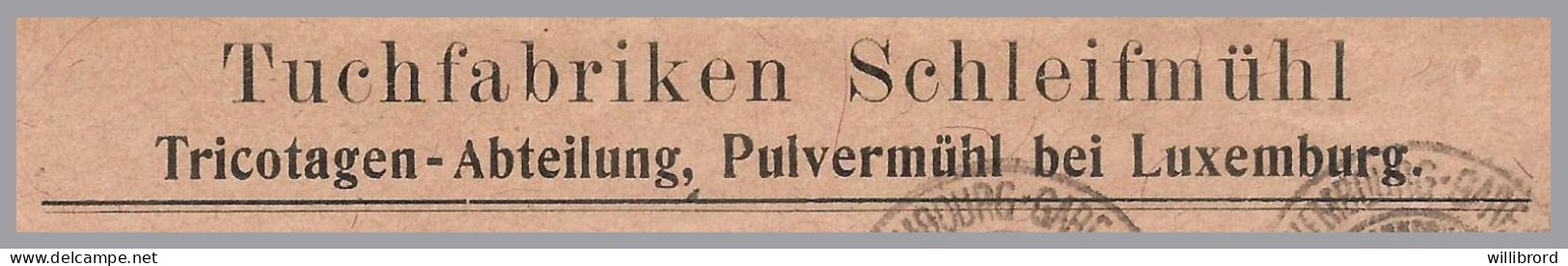 LUXEMBOURG 1915 TUCHFABRIKEN SCHLEIFMÜHL PULVERMÜHL - 12½c William IV - Luxembourg-Gare A To Germany - 1906 Guillermo IV